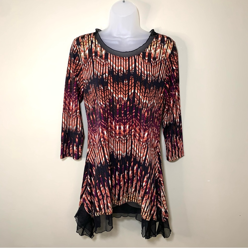 Cato Tunic Top Small Multicolor Flare 3/4 Sleeve Sheer Trim Dressy Casual Flowy